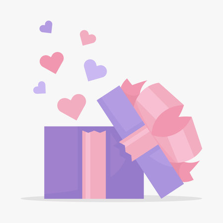 Open square gift box. Saint Valentines present flat vector illustration. Pink and violet gift box with hearts.のイラスト素材