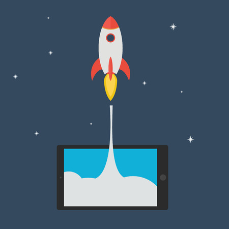 Flat rocket from tablet on star background. Start up conceptのイラスト素材