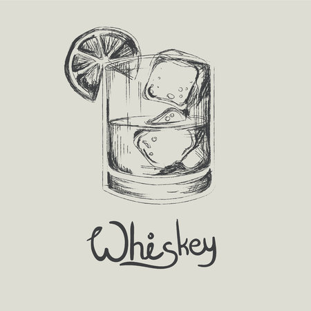 Hand drawn whiskey in glass with ice and lettering isolatedのイラスト素材
