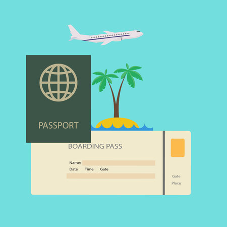 Journey concept. Travel passport with ticket tropical resort on planeのイラスト素材