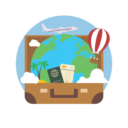 Travel concept. Earth in case passport tickets plane hot air balloon isolatedのイラスト素材