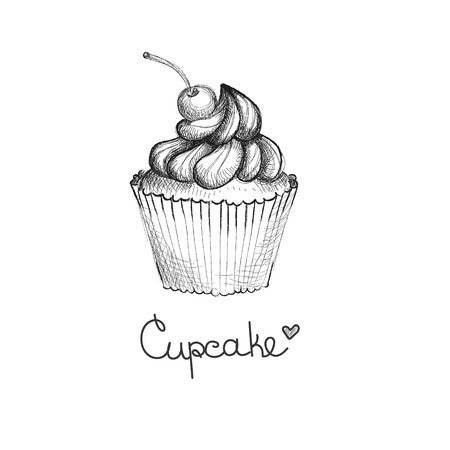 Hand drawn sweet cupcake with cherry isolatedのイラスト素材