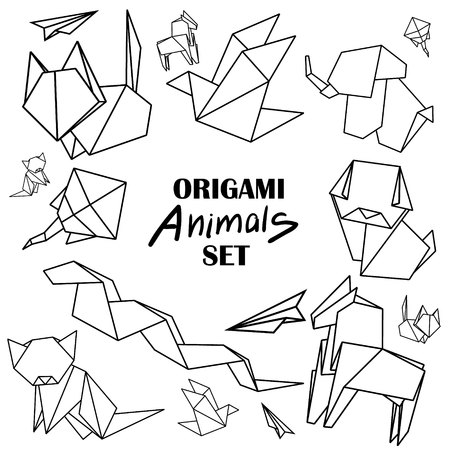 Origami animals set. Animals from paper snake, dog, horse, cat, bird fox isolatedのイラスト素材