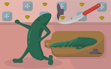 Cucumber runs away from a knifeのイラスト素材