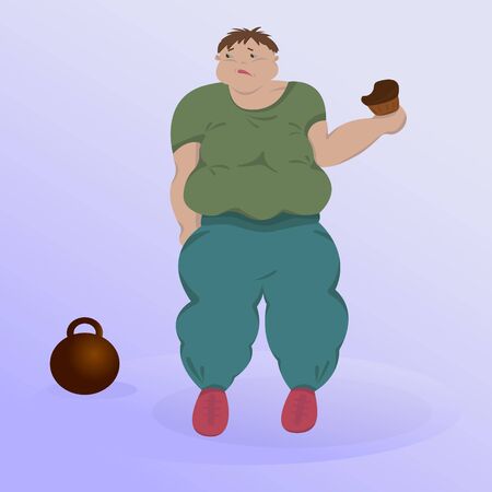 A very fat man with unhealthy food in his handのイラスト素材
