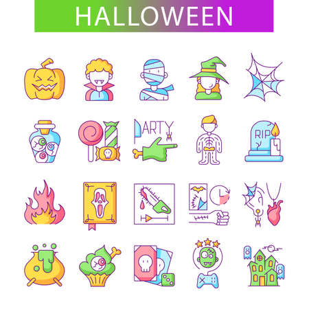 halloween holiday and its traditions, color icons setのイラスト素材