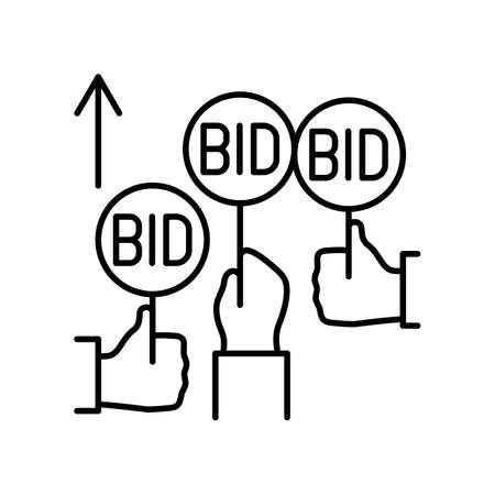 competition, price increase, auction, hands holding a signs. Line icon for web design, templates and moreのイラスト素材