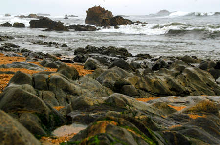 Rocky coast and storm waves of the Atlantic Ocean in the city of Porto, in northern Portugalの写真素材