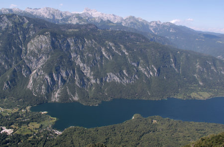 Landscape photo with mountains and Bohinjsko Lake in Triglav National Park, Sloveniaの写真素材