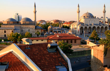 Panoramic view of the historical center of the city with Selimiye Mosque at dawn in Konya, Turkeyの写真素材