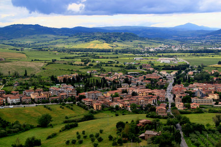 Aerial landscape view of one of the towns in the suburbs of Orvieto against the backdrop of...