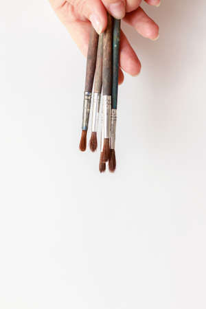 artist's paint brushes in hands on a white backgroundの写真素材