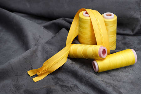 yellow roll thread on a gray cloth backgroundの写真素材