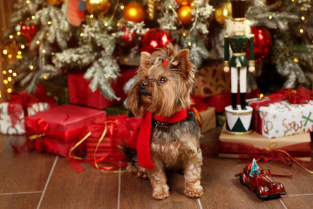 cute dog in a red scarf in christmas near the christmas tree. banner. new year congratulationsの写真素材