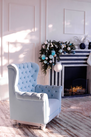 blue armchair in the christmas roomの写真素材