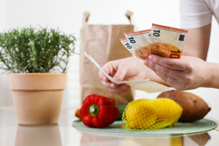 And thus, having completed her shopping, a woman reads her shopping lists and holds her leftover cash. On the kitchen counter,の写真素材
