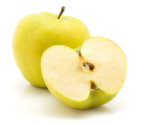 Apples (Smeralda variety) isolated on white background green yellow one whole and one half cross section
の写真素材