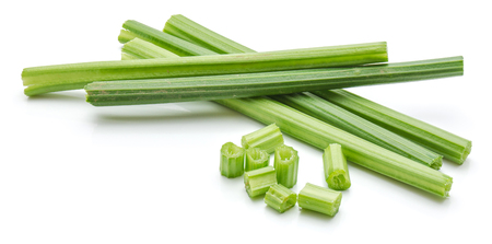 Five fresh celery sticks and sliced pieces isolated on white background
の写真素材