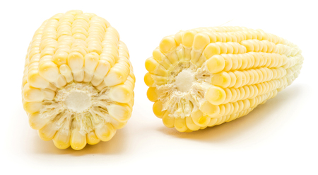 Two halves of sweet corn isolated on white background