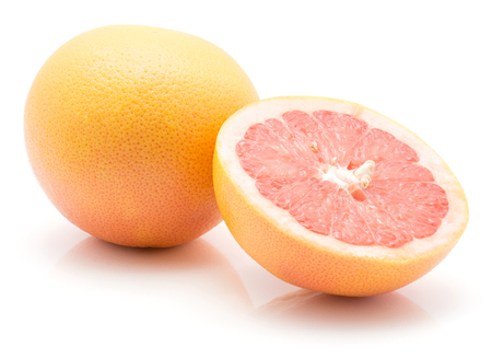 Red grapefruit isolated on white background one whole and one cross section half
の写真素材