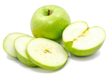 Sliced Granny Smith apples, one whole apple, one half and circles, isolated on white background
の写真素材