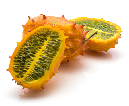 Sliced kiwano isolated on white background one whole and two halves
の写真素材