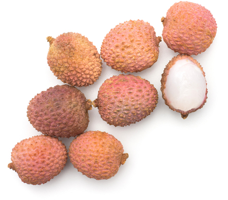 Lychee stack top view isolated on white background ripe pink fresh berries one peel
の写真素材