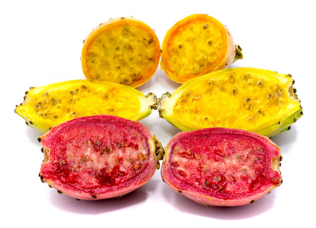 Sliced three colorful prickly pear pairs of isolated on white backgroundの写真素材