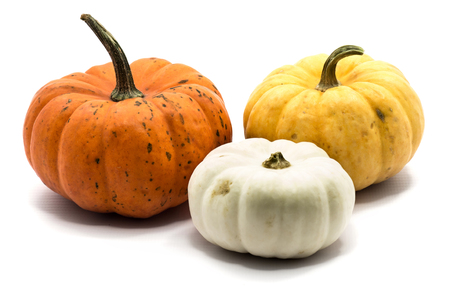 Three whole colorful pumpkins (orange, yellow, white) isolated on white background
の写真素材