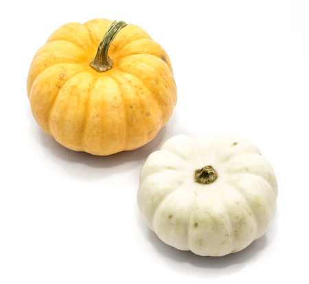 Two whole colorful pumpkins (yellow, white) isolated on white background
の写真素材