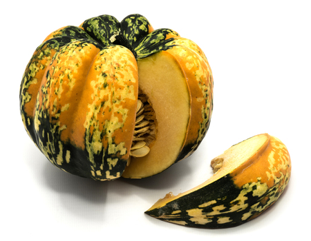 One cut spotted green yellow pumpkin and one slice isolated on white background
の写真素材