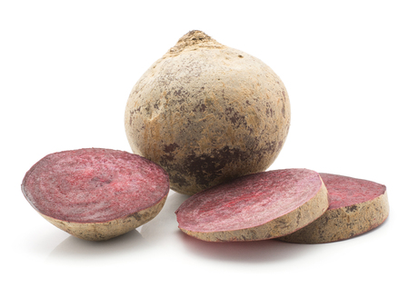 Beetroot (raw red beet) one bulb and three sliced rings isolated on white background
の写真素材