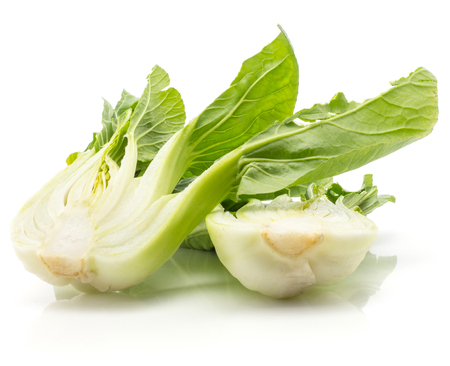 Sliced bok choy (Pak choi) stack isolated on white background two fresh cabbages halvesの写真素材