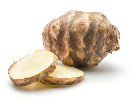 One Jerusalem artichoke tuber with two round slices isolated on white background sweet crisp topinambur set
の写真素材