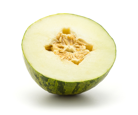 Melon Piel de Sapo one section half (Santa Claus Christmas variety) isolated on white background green striped outer rindの写真素材