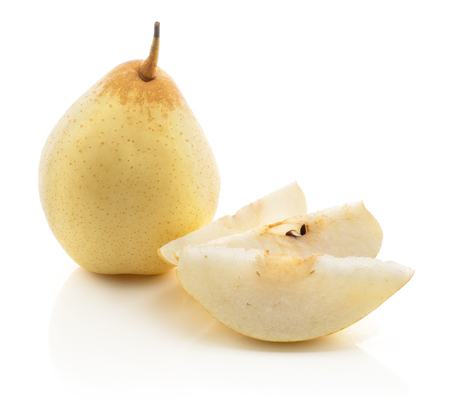 One Nashi pear with three slices (Russet pear) isolated on white background yellow flesh with seed
の写真素材