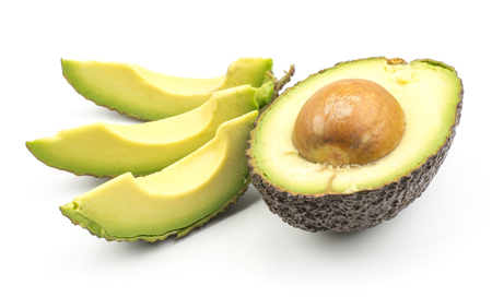 Avocado one half and three slices isolated on white background ripe green brown alligator pear with a seed
の写真素材
