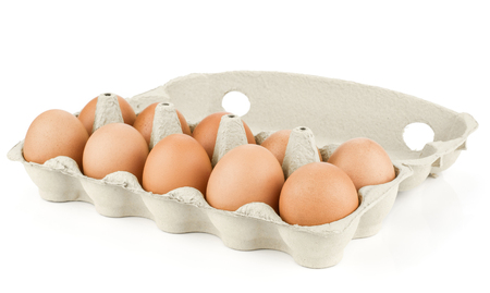 Brown chicken eggs in an open grey carton box isolated on white background set of ten