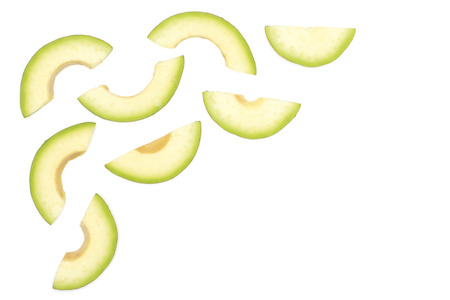Green smooth avocado halved slices top view isolated on white background bacon varietyの写真素材