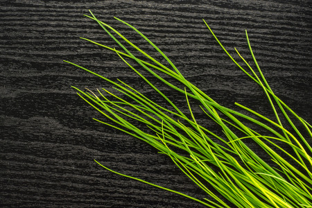 Fresh chives table top isolated on black wood background grass slender leavesの写真素材