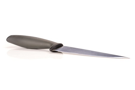 One whole kitchen tool stainless steel knife with grey plastic handle isolated on white