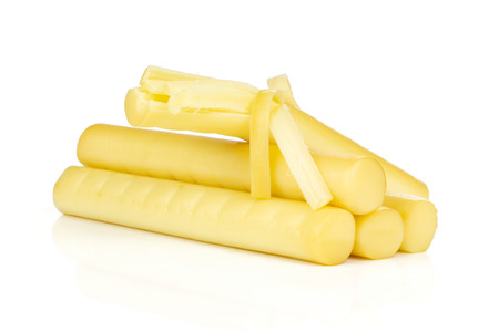 Smoked slovak string cheese stick thick shreds isolated on white background