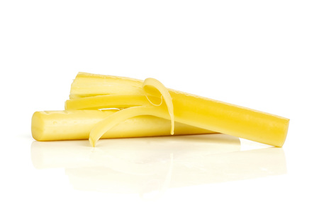 Group of two whole smoked slovak string cheese stick thick shreds isolated on white background