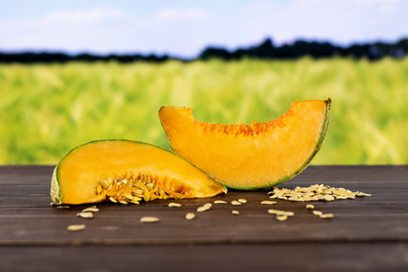 Group of two slices of fresh melon cantaloupe variety with seeds around with green wheat field in backgroundの写真素材