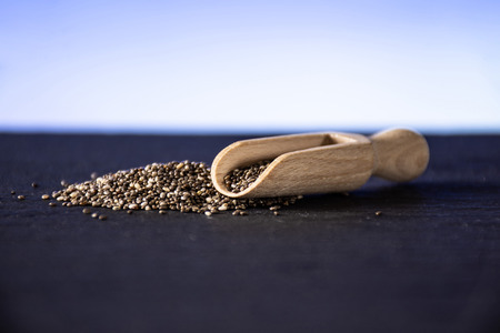 Lot of whole fresh mottled chia seeds with wooden scoop with blue gradient in background