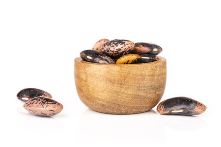 Lot of whole raw speckled colored butter beans painted lady scarlet runner variety with wooden bowl...