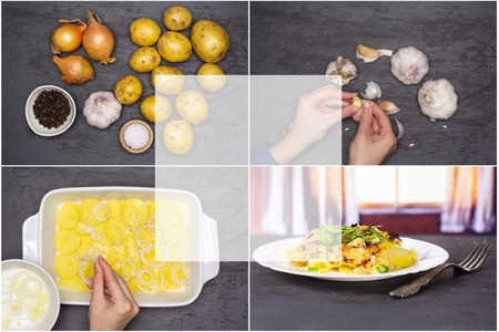 Collage recipe step by step baked potatoes with onion on grey stoneの写真素材