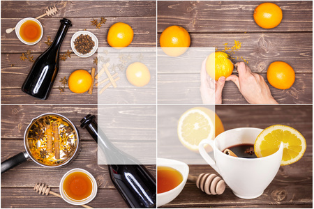 Collage recipe step by step hot red mulled wine on brown woodの写真素材
