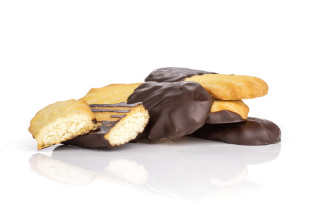 Group of lot of whole two pieces of baked lazy cookie with chocolate isolated on white backgroundの写真素材