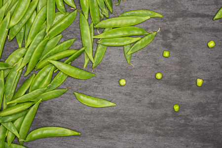 Lot of whole fresh green sugar snap pea flatlay on grey stone